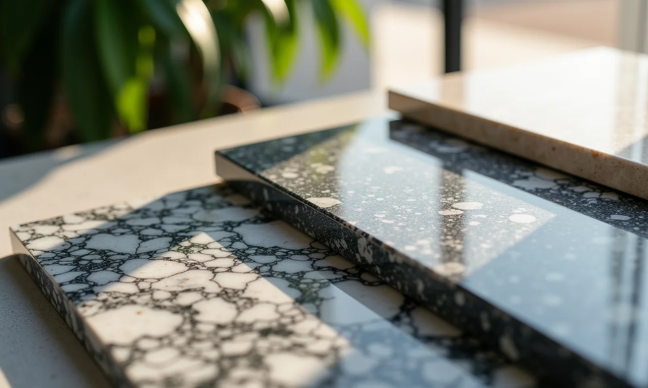 Amostras de granito e mármore, exibindo texturas e cores.