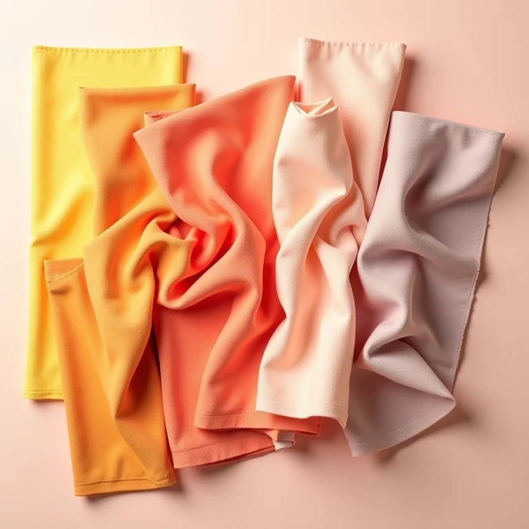 Amostras de tecidos coloridos em tons quentes e frios