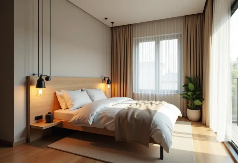 Apartamento studio moderno com cama suspensa otimizando o espaço vertical