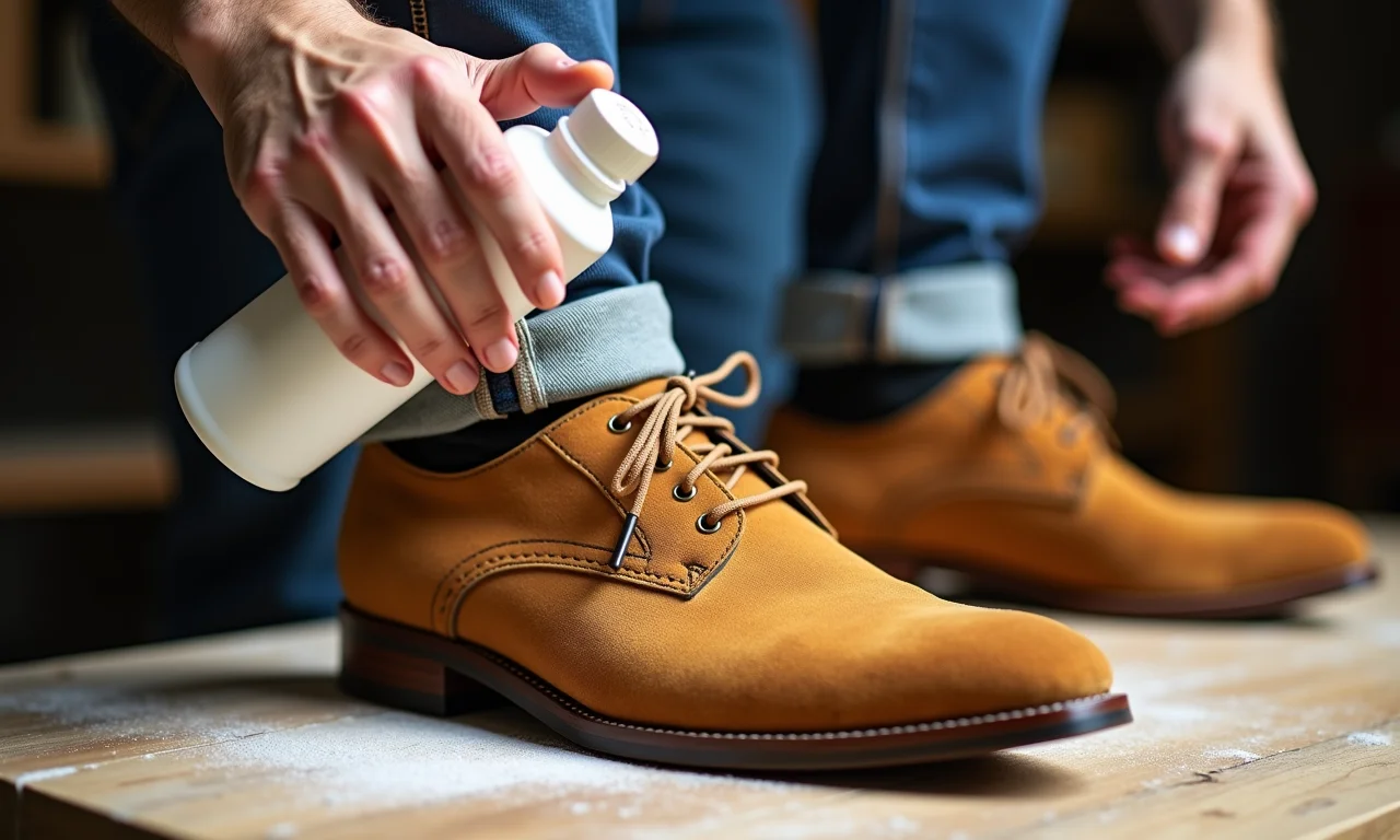 Aplicando spray impermeabilizante em sapatos de camurça limpos.