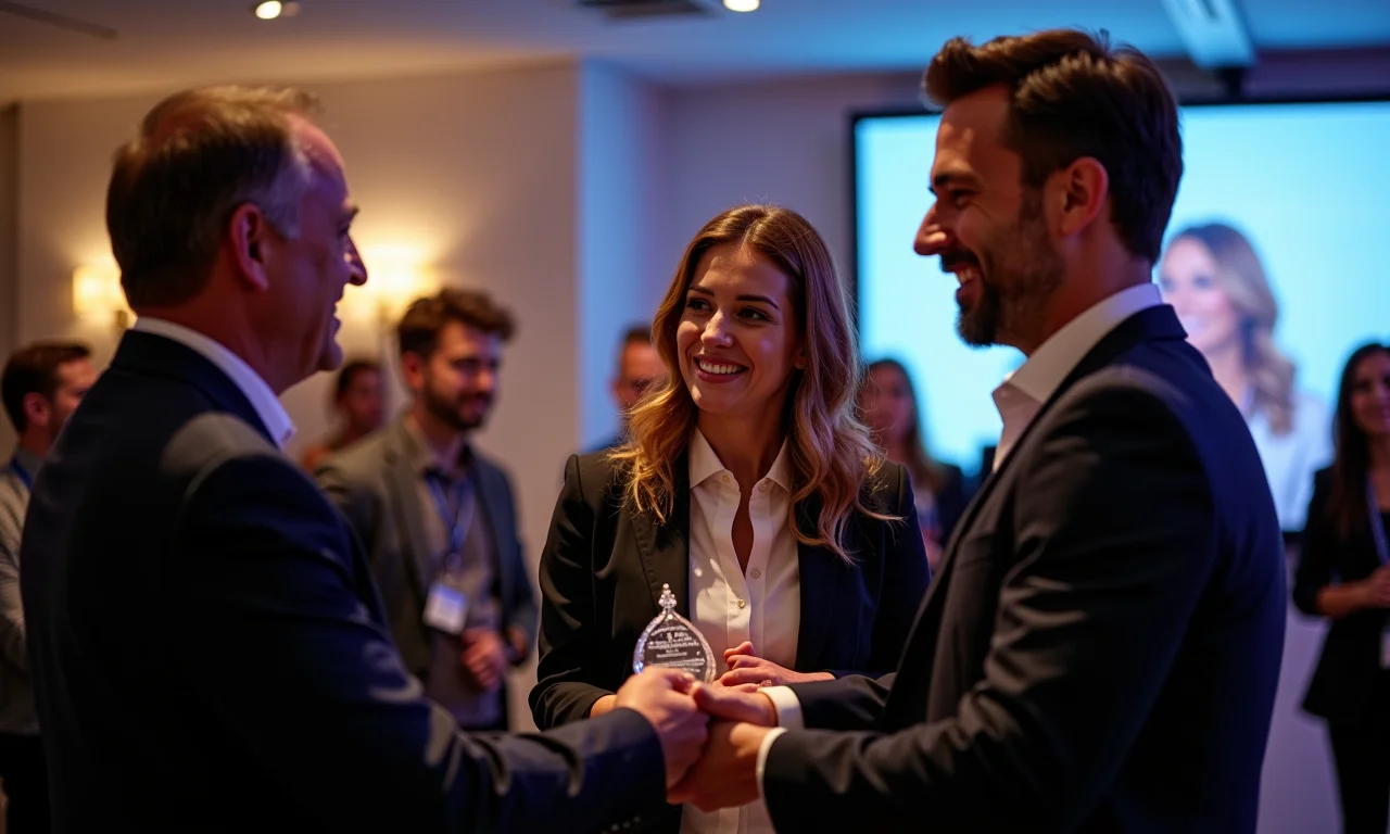 Aquariana recebendo prêmio em evento corporativo no Brasil.