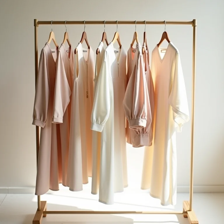 Arara de roupas com vestidos e blusas em tons neutros