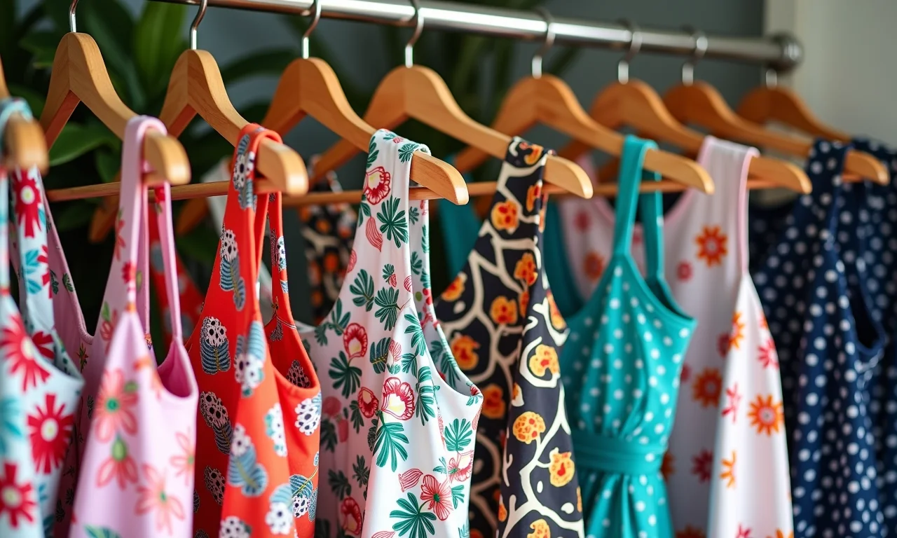 Arara de vestidos de verão com estampas florais, geométricas, tropicais, animal print, abstratas, poá e listras.