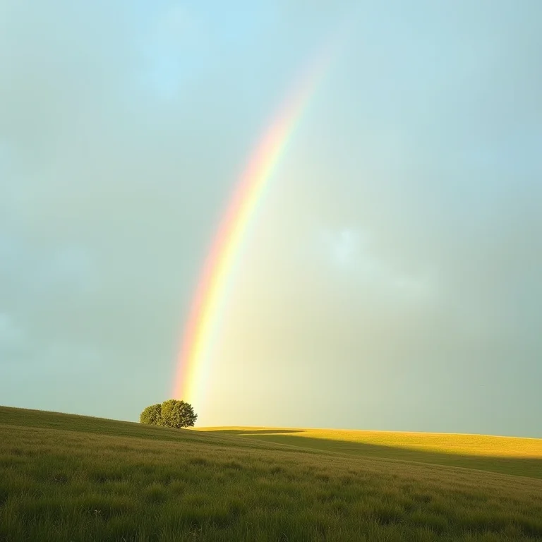 Arco-íris primário vibrante sobre paisagem serena.
