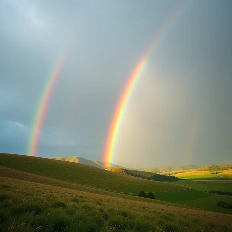 Arco-íris secundário tênue acima de um arco-íris primário.