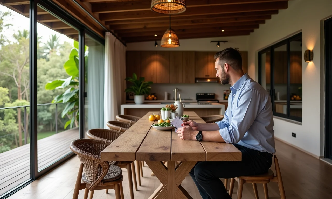 Arquiteta dando dicas sobre mesa de demolição em varanda gourmet.