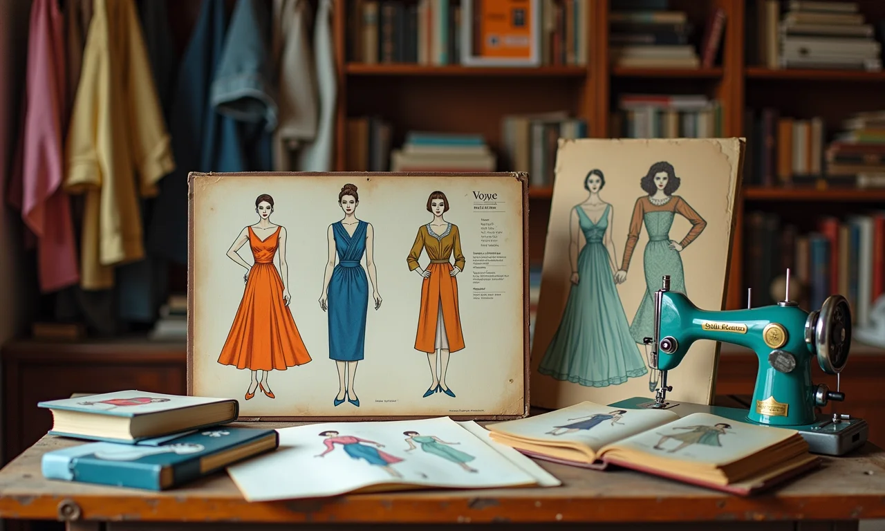 Arquivo de moda com capas antigas da Vogue Brasil e esboços de designers icônicos.