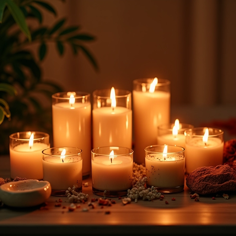 Arranjo artístico de velas aromáticas artesanais com decoração brasileira.