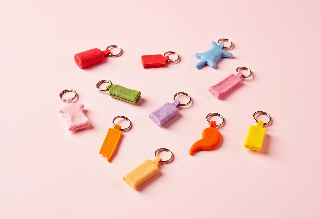 Arranjo criativo de chaveiros de feltro coloridos.