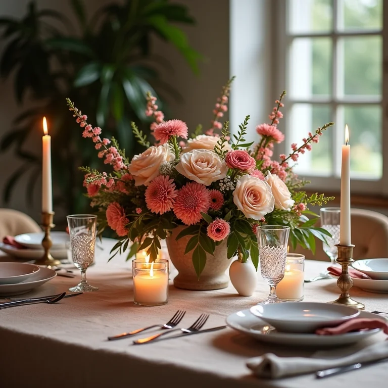 Arranjo de centro de mesa para sala de jantar com flores, velas e objetos decorativos.