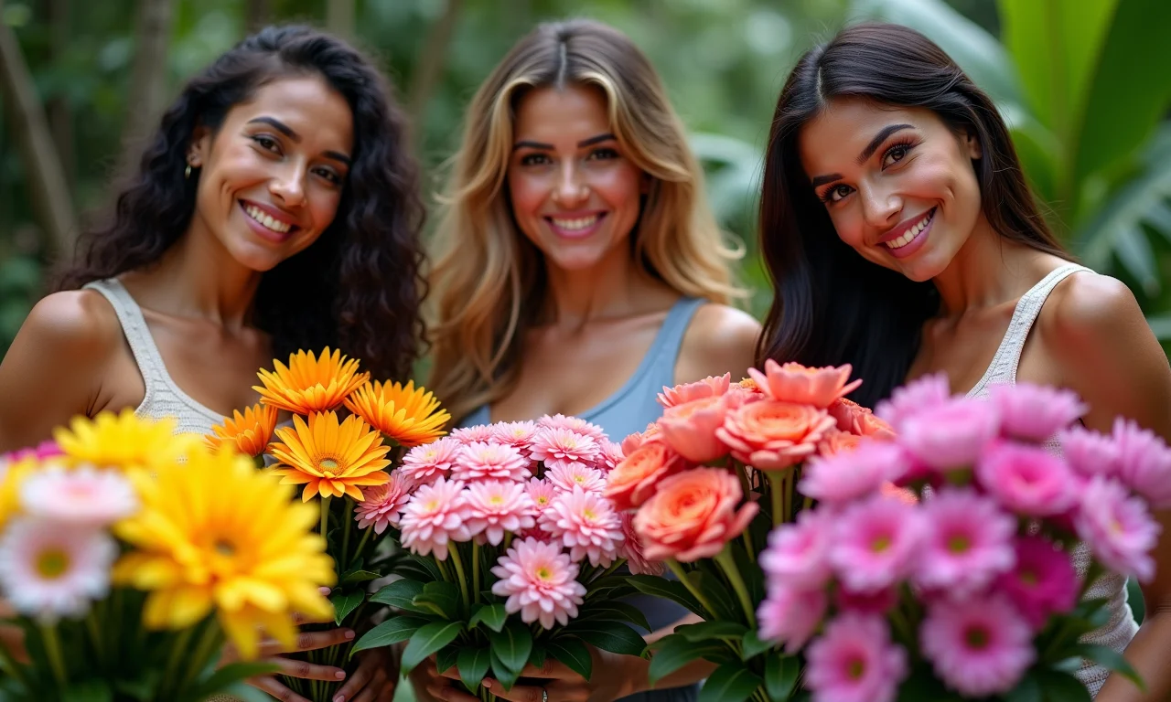 Arranjo de flores diversas em mãos de mulheres brasileiras, representando a beleza e significado.