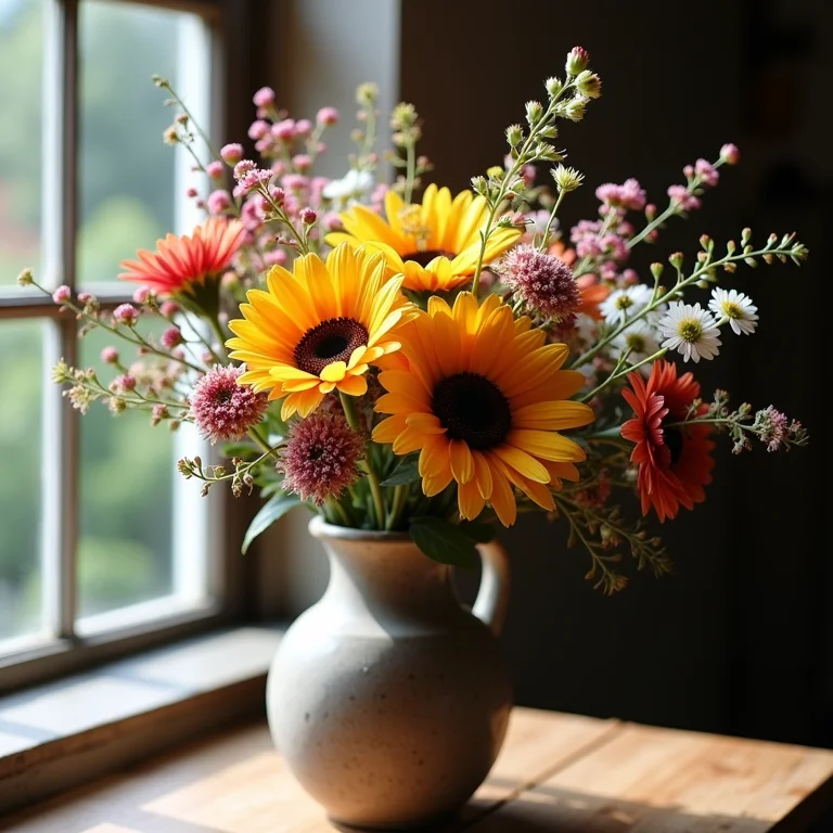 Arranjo de flores do campo em vaso rústico para decoração de São João