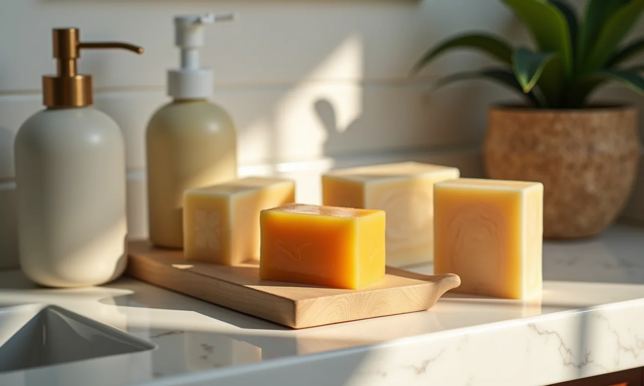 Arranjo de sabonetes artesanais coloridos em balcão de banheiro.