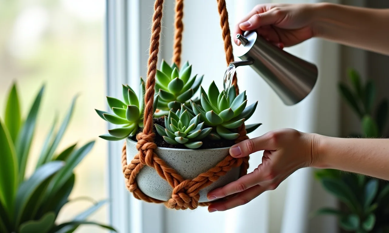 Arranjo suspenso de suculentas em vaso de macramê.