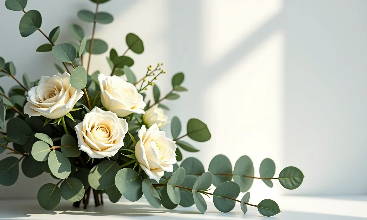 Arranjos de flores naturais, como rosas brancas e eucalipto, na decoração de batizado.
