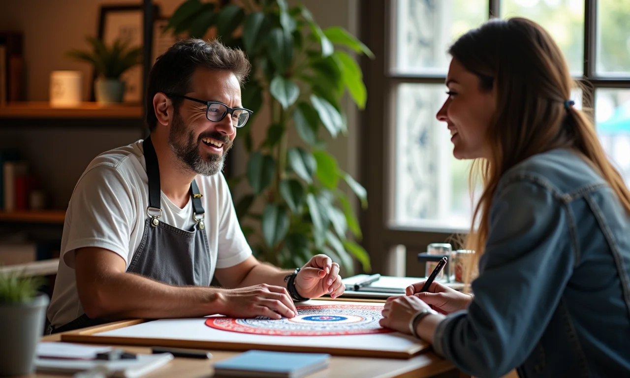 Artesã contando a história do bordado para cliente atenta.