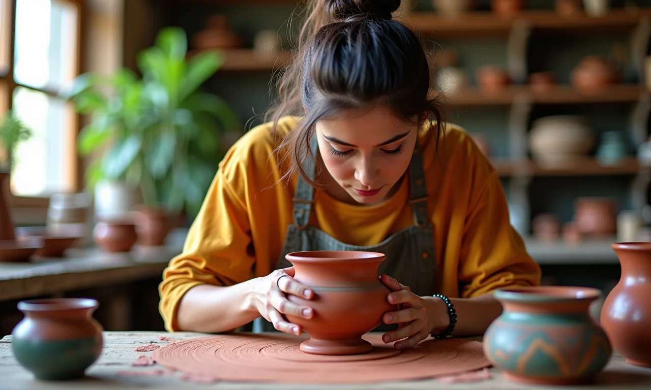 Artesã expressando individualidade em cerâmica colorida.