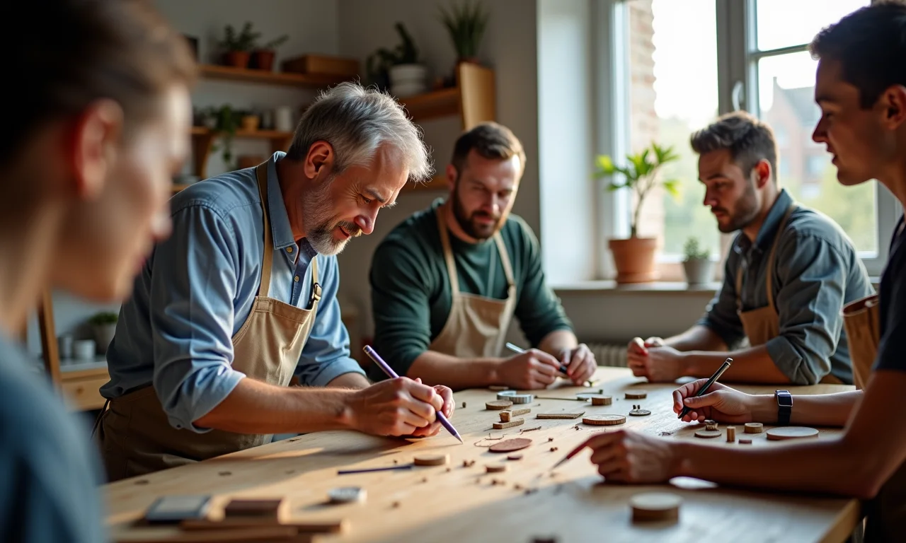 Artesã sorrindo enquanto clientes admiram seu artesanato.