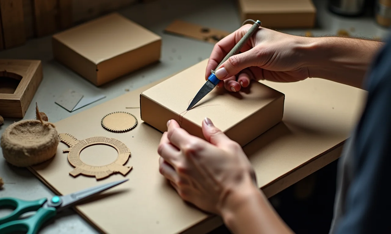 Artesã usando régua, estilete e tesoura para cortar papelão.