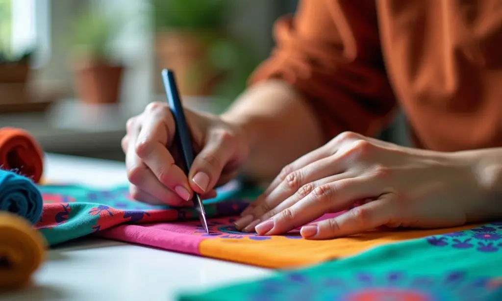 Artesã utilizando máquinas de corte Silhouette e Cricut com tecidos coloridos.