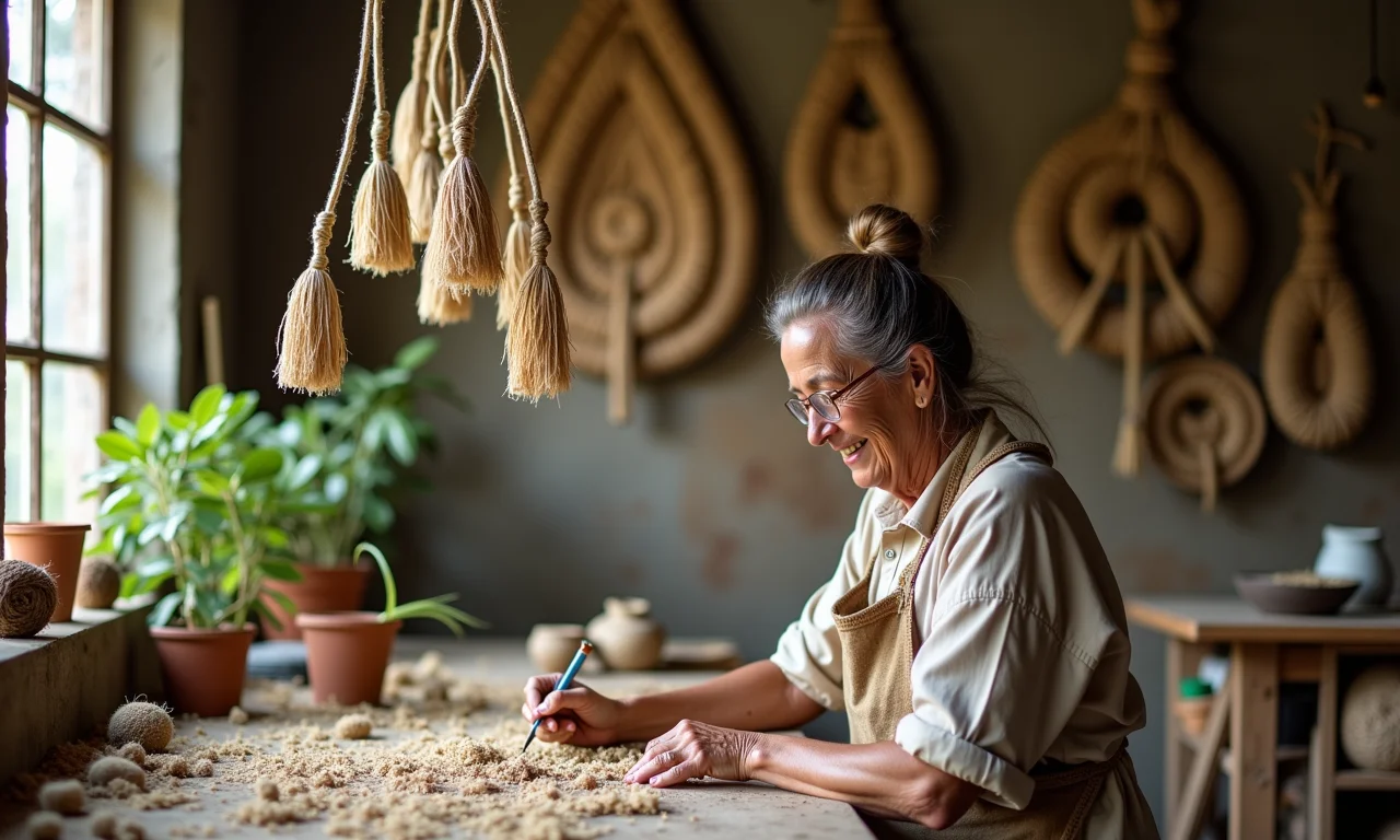 Artesanato com corda de sisal: móbiles e esculturas decorativas.