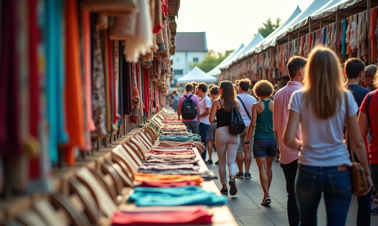 Artesanato exposto em feira de arte com diversos participantes.