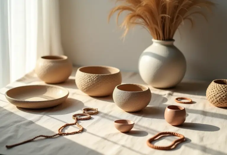 Artesanato variado disposto sobre tecido de linho