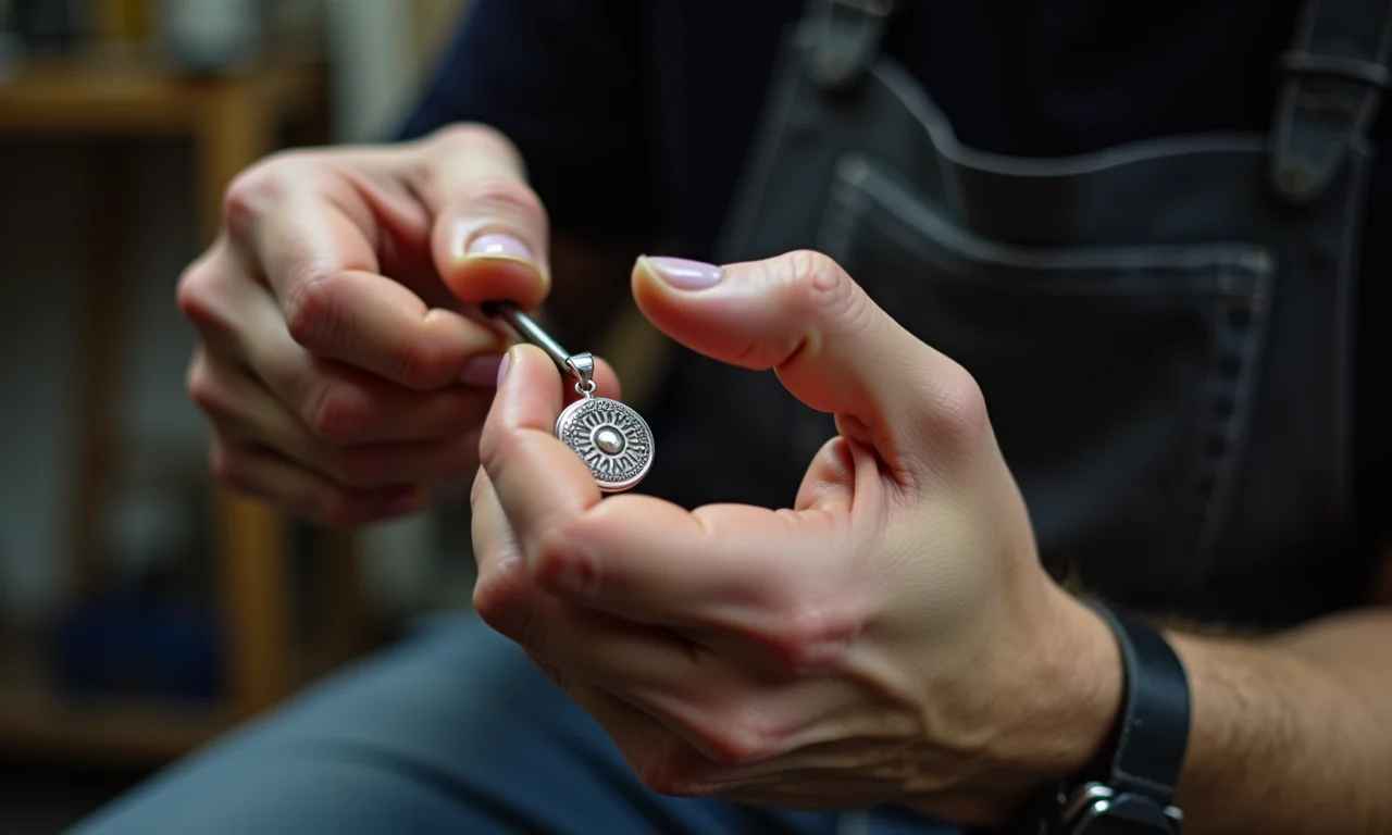 Artesão criando pingente de prata em oficina tradicional.
