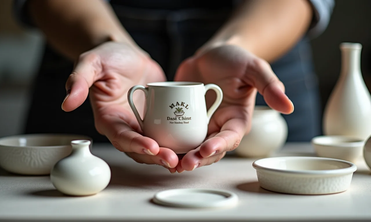 Artesão exibindo trabalhos em cerâmica fria com sua marca.