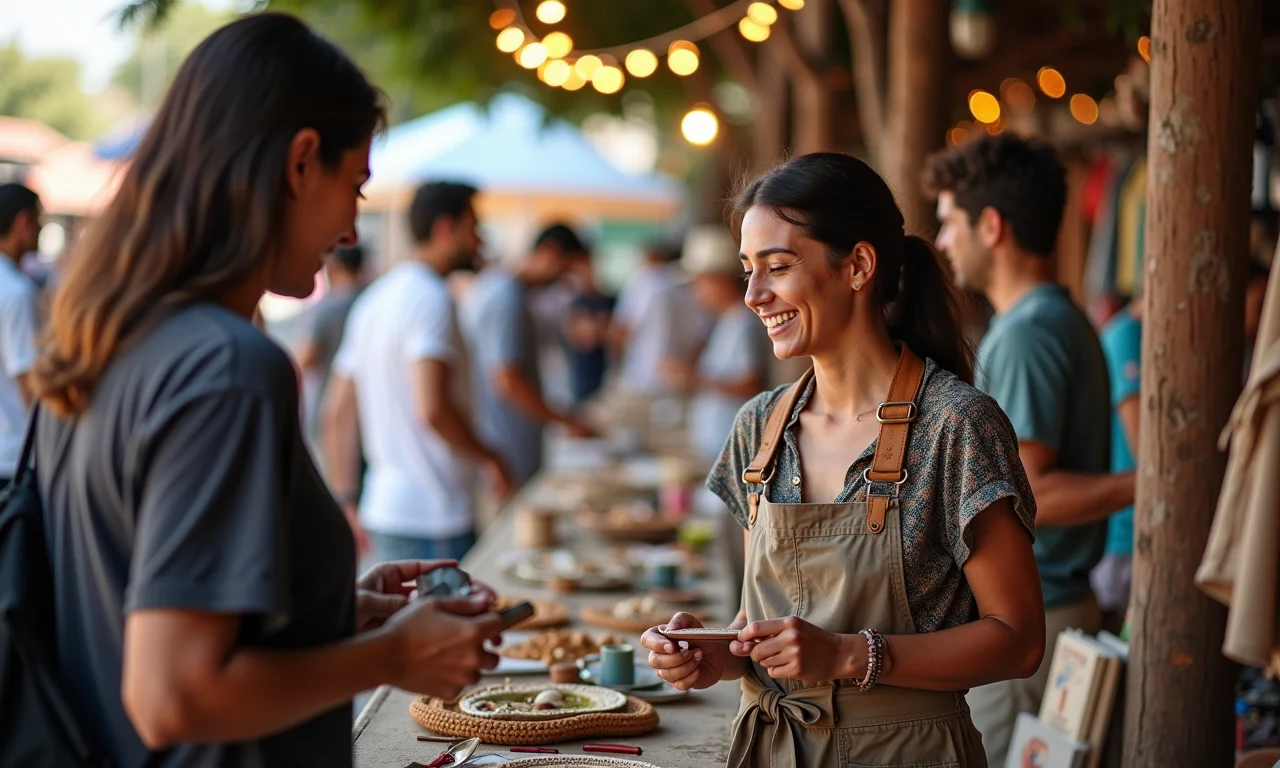 Artesão interagindo com clientes em um mercado local.