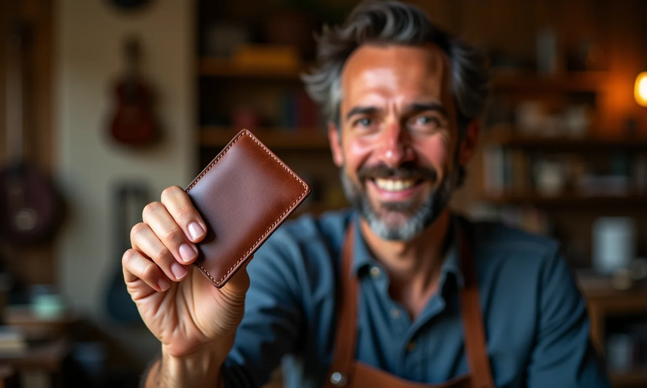 Artesão sorrindo com carteira de couro artesanal.