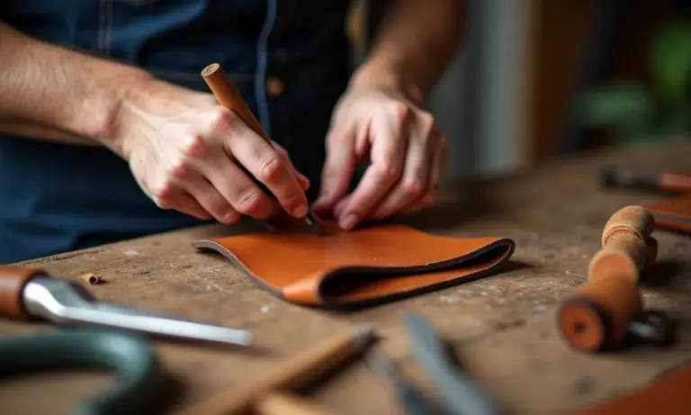 Artesão trabalhando em peça de couro com ferramentas.