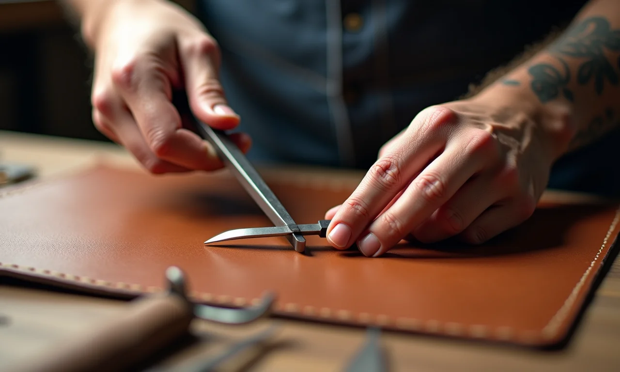 Artesão usando estilete para cortar couro.