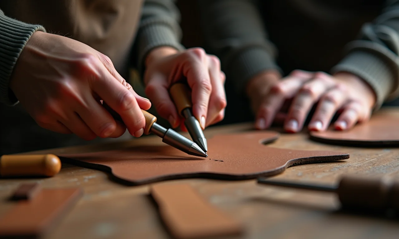 Artesão utilizando ferramentas manuais de corte em couro.