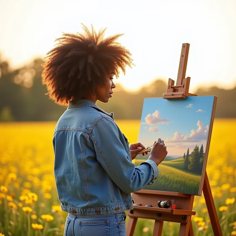 Artista pintando paisagem em cavalete portátil ao ar livre.