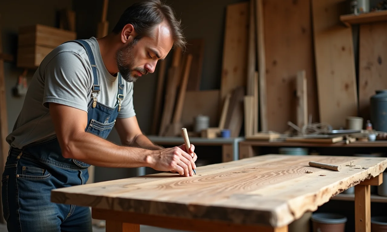 Ateliê de marcenaria produzindo mesas de demolição.