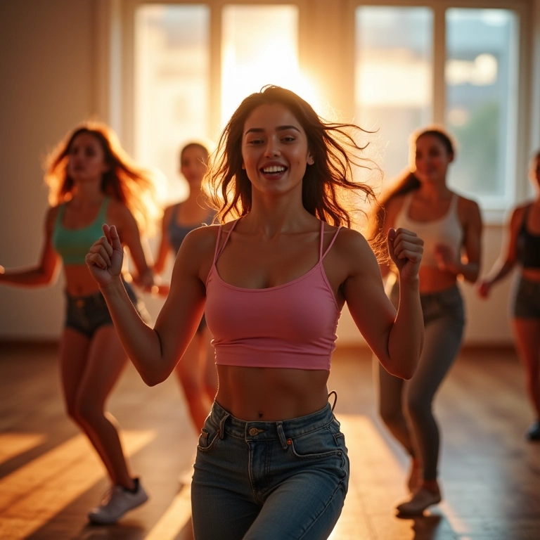 Aula de dança animada, ajudando a queimar calorias e emagrecer.