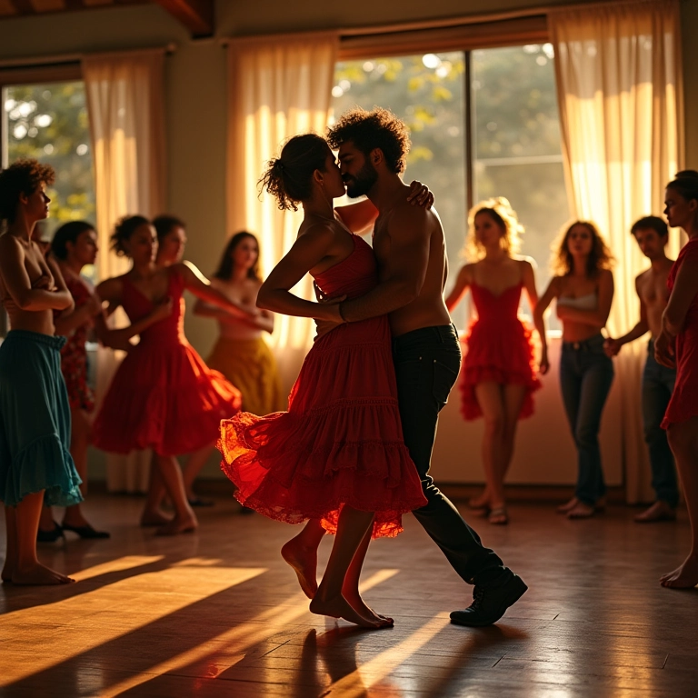 Aula de dança de salão com pessoas de diferentes idades e etnias dançando forró.