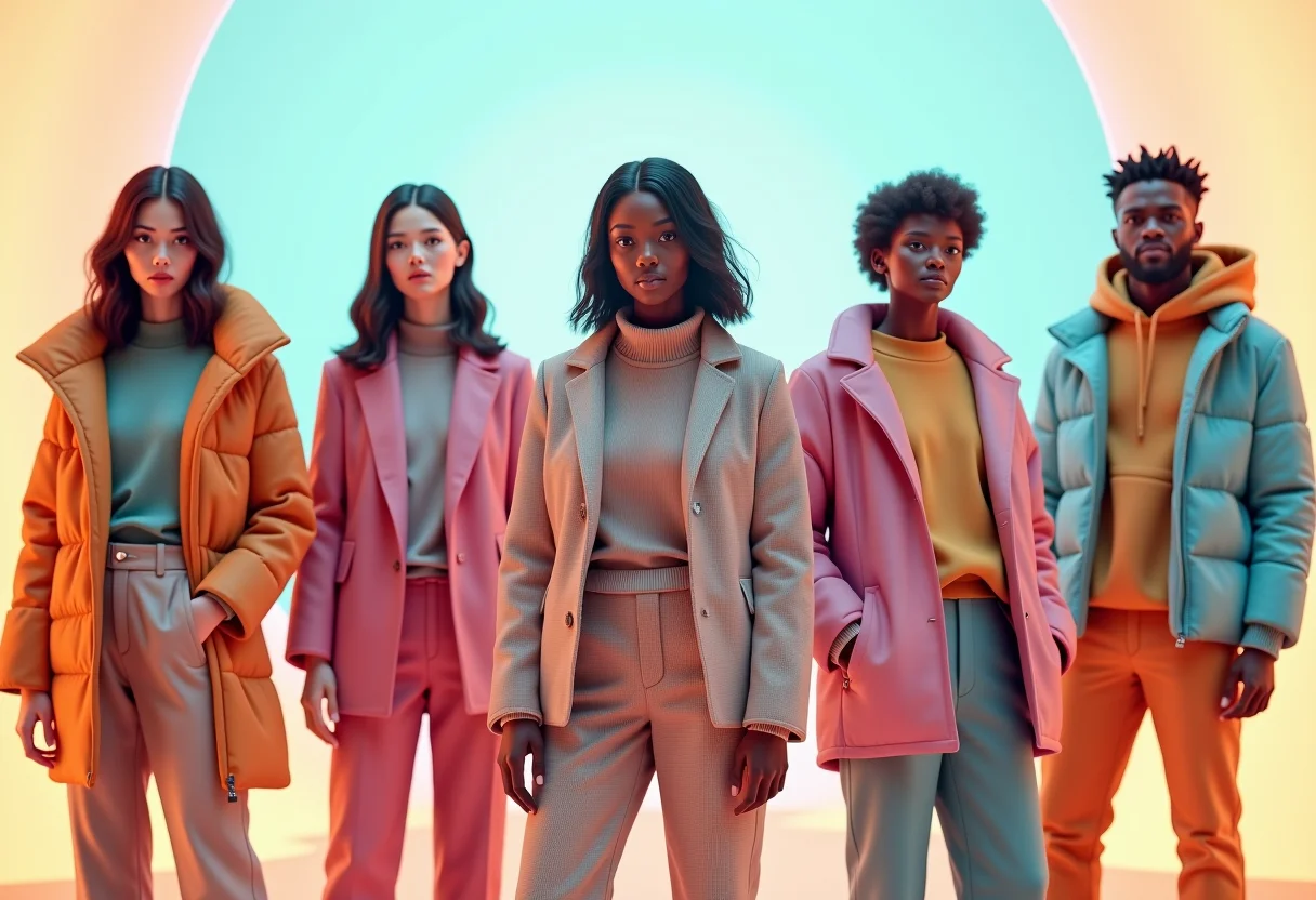 Avatares diversos vestindo roupas e acessórios digitais em um ambiente metaverso.