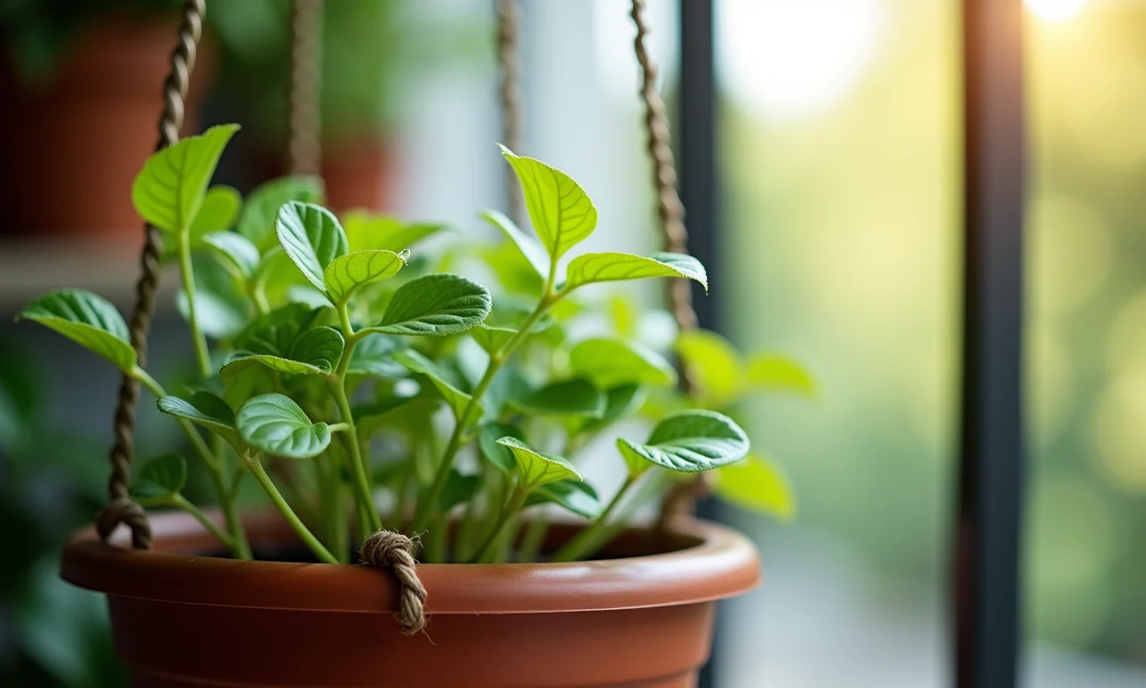 Avenca delicada em cesto pendurado na varanda com sombra.
