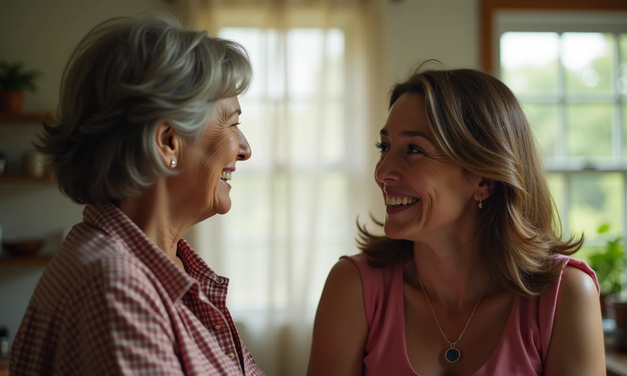 Avó e filha discutindo regras da casa em conversa respeitosa.