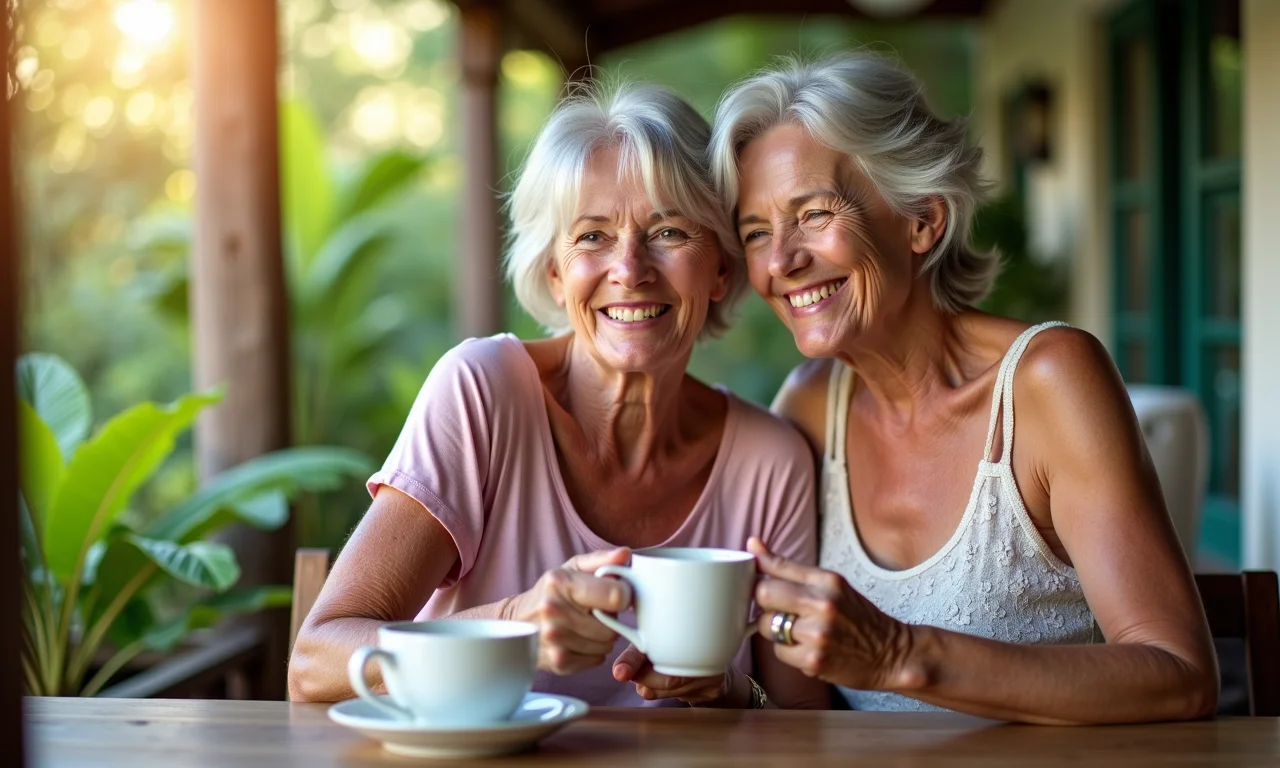 Avó e filha relaxando em varanda ensolarada com xícaras de chá.