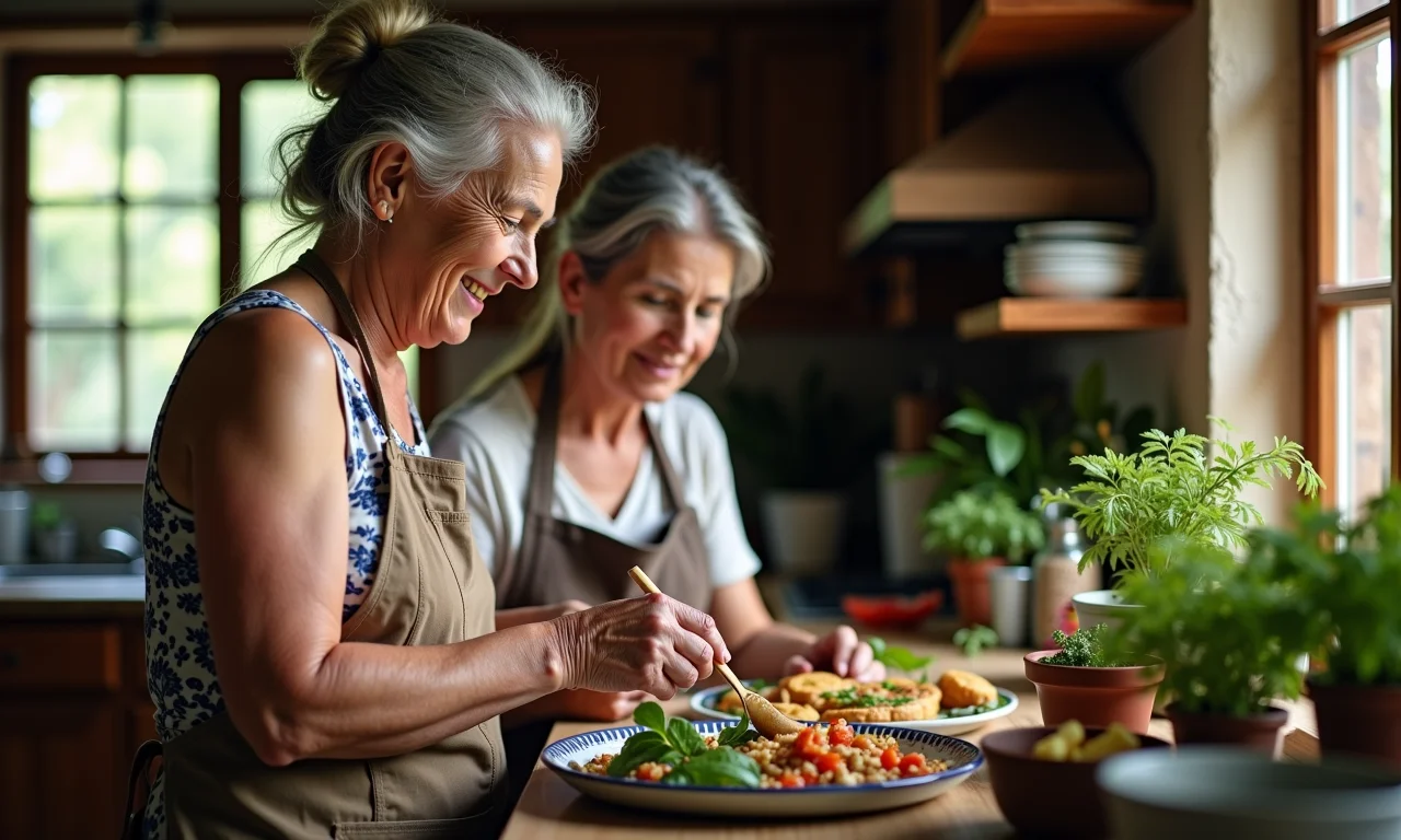 Avó ensinando receita tradicional para a filha em cozinha aconchegante.