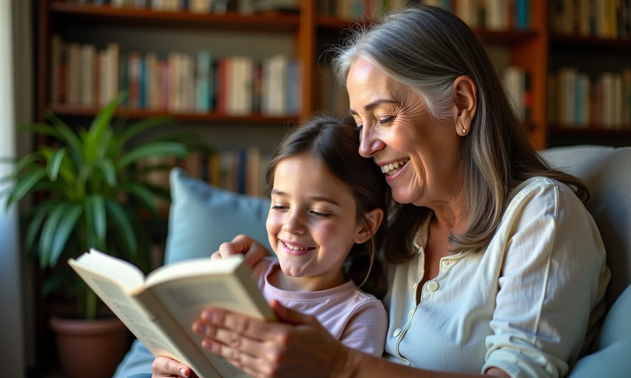 Avó lendo um livro com a filha adulta, ambiente relaxado.