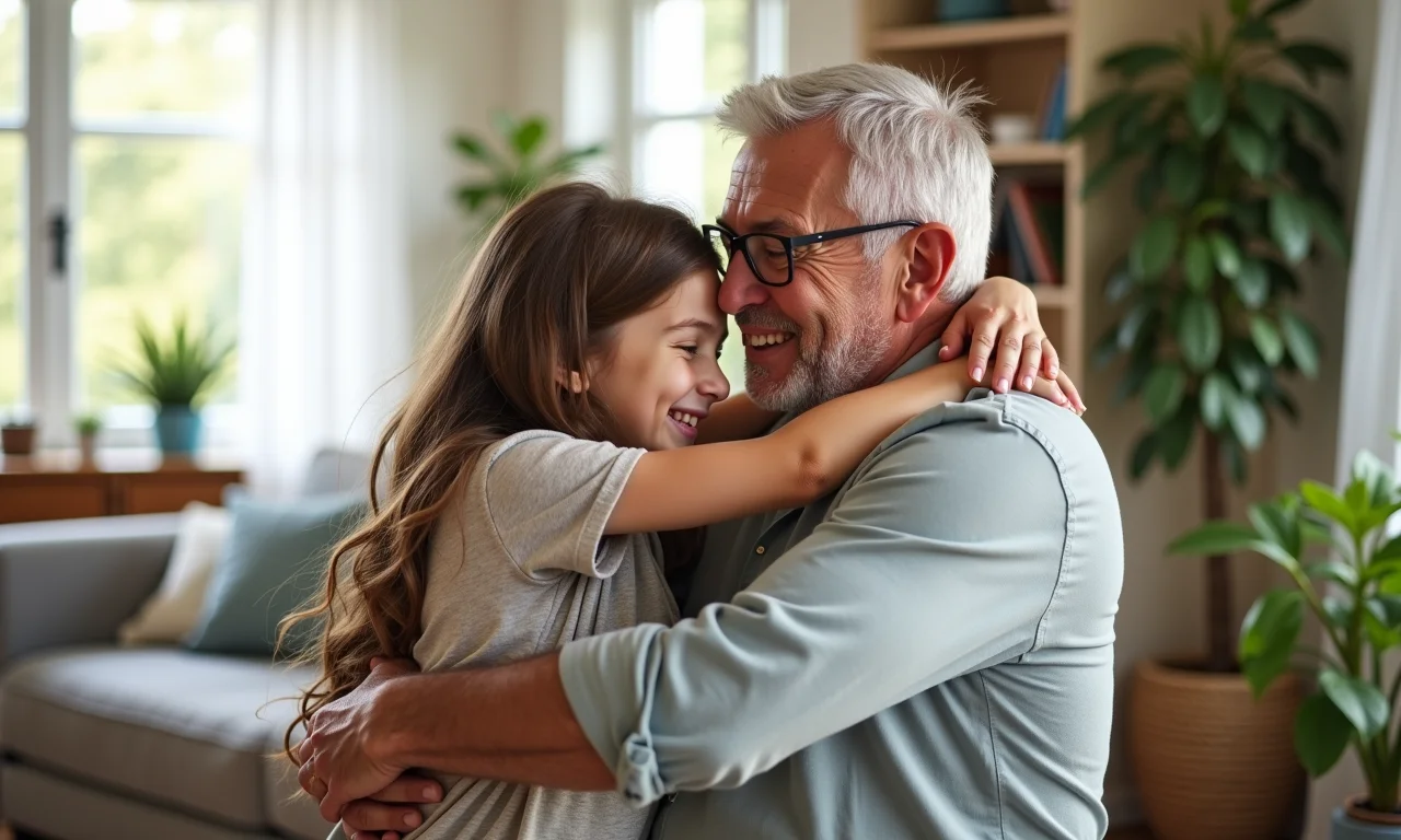 Avós consolando filha adulta em sala de estar iluminada.