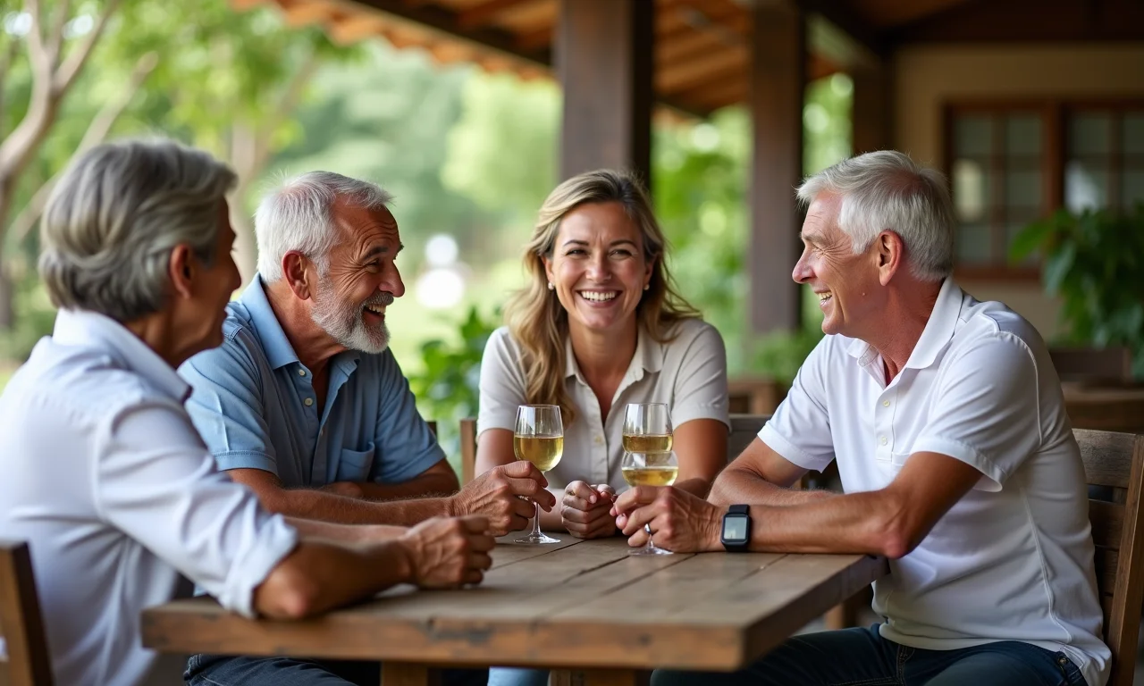 Avós conversando com filha e parceiro em café ao ar livre.