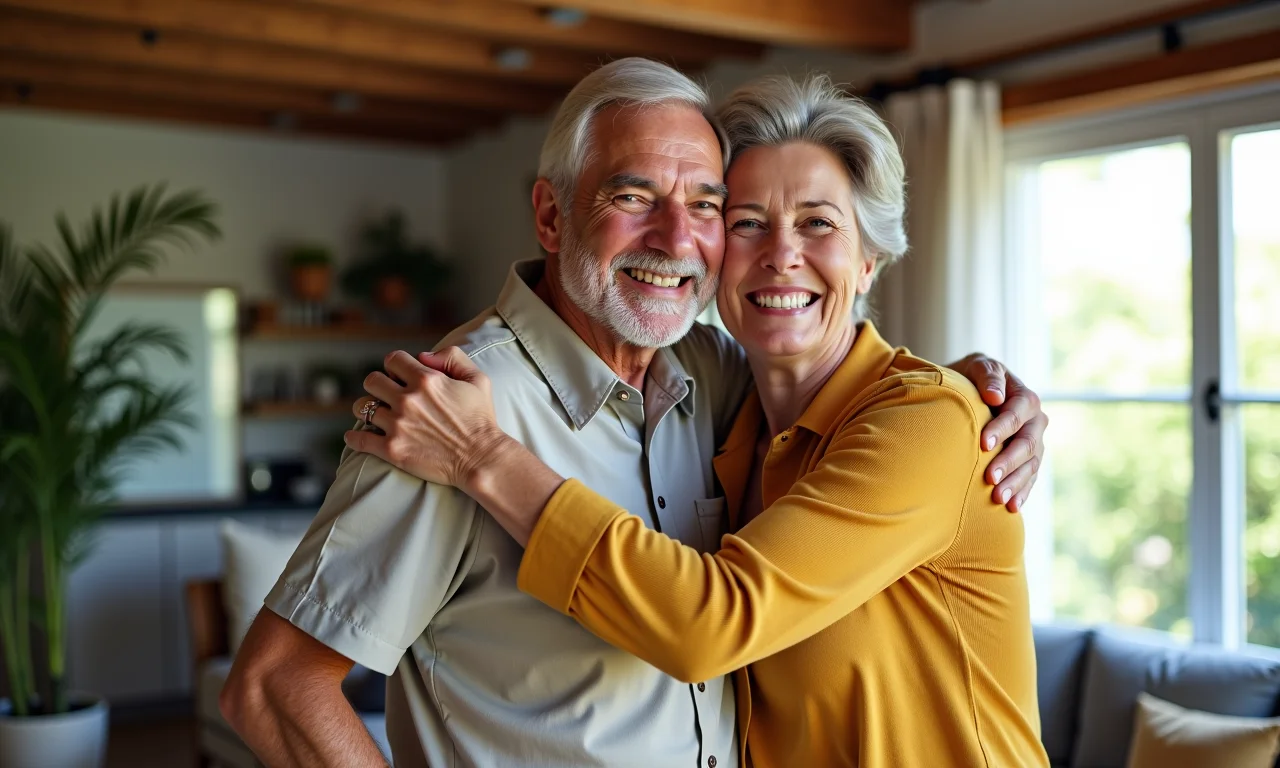Avós e filha se abraçando calorosamente, demonstrando forte laço familiar.