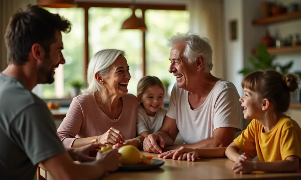 Avós e filhos adultos reunidos em casa, rindo e compartilhando momentos felizes.