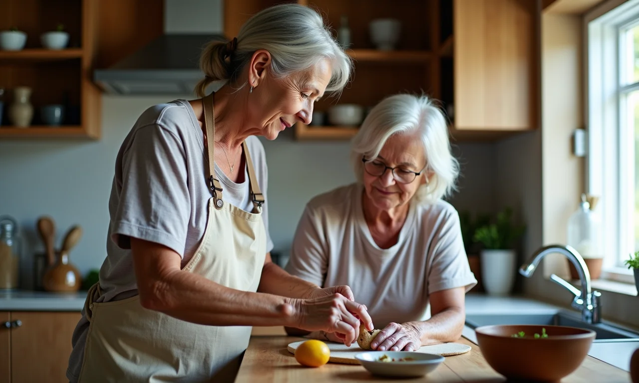 Avós oferecendo suporte prático à filha, ajudando com tarefas domésticas.