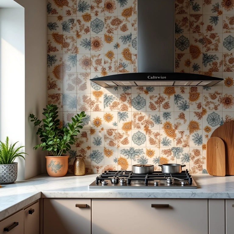 Azulejos portugueses revestindo parede inteira da cozinha.
